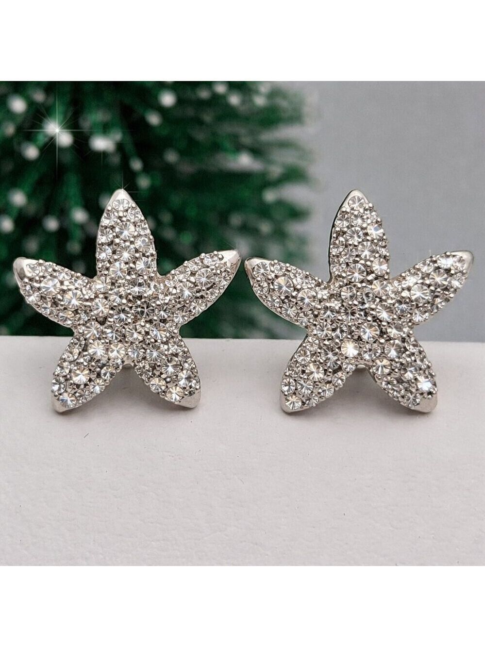 Silver-Tone Crystal Starfish Stud Earrings Bridal Wedding 3/4" NWOT